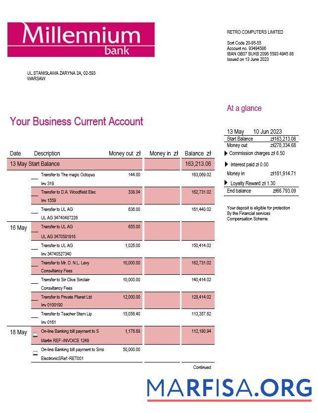 Downloadable Millenium Bank enterprise statement Word and PDF template